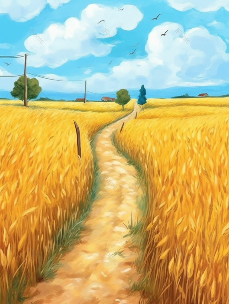 成熟的麦子麦田麦穗和蓝天白云背景,插画/手绘图,插画/手绘图库,插画/手绘图下载,插画/手绘